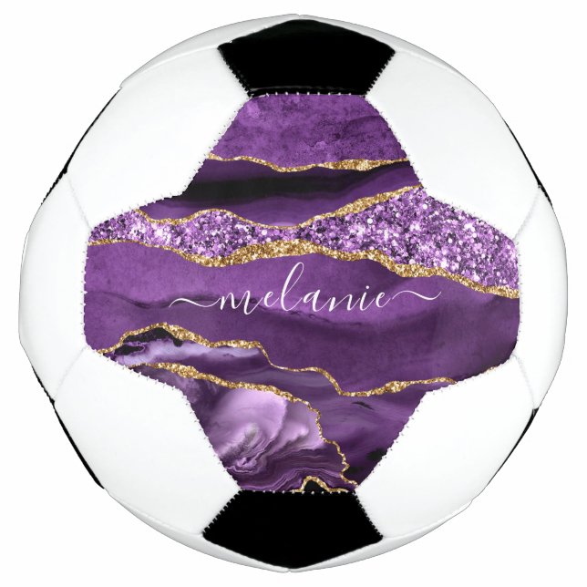 Bola De Futebol Nome Personalizado de Geodo Glitter Dourado Violet (Frente)