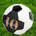 Bola De Futebol Numero do nome das iniciais do monograma em ouro p<br><div class="desc">Um fundo preto na moda,  branco e ouro. Personalize e adicione seu nome e número de jogador.</div>