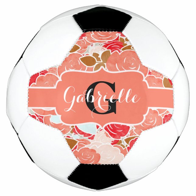 Bola De Futebol Peach e Rosas de Aquarela Dourada Monograma Floral (Frente)