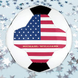 Bola De Futebol USA American Flag Monogramed Name Patriotic Team<br><div class="desc">O americano, Stars and Stripes, a Velha Glória, o Banner com Espingarda Estelar, a bandeira dos EUA, personalizado, belo e elegante roteiro de tipografia de ouro falso, nome / monograma / iniciais, com cuidado, bola de futebol de tamanho regulatório / futebol com troféu de exibição, para mostrar seu orgulho, patriotismo,...</div>