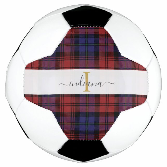 Bola De Futebol Xadrez Rústico Monograma Script Tartan (Frente)