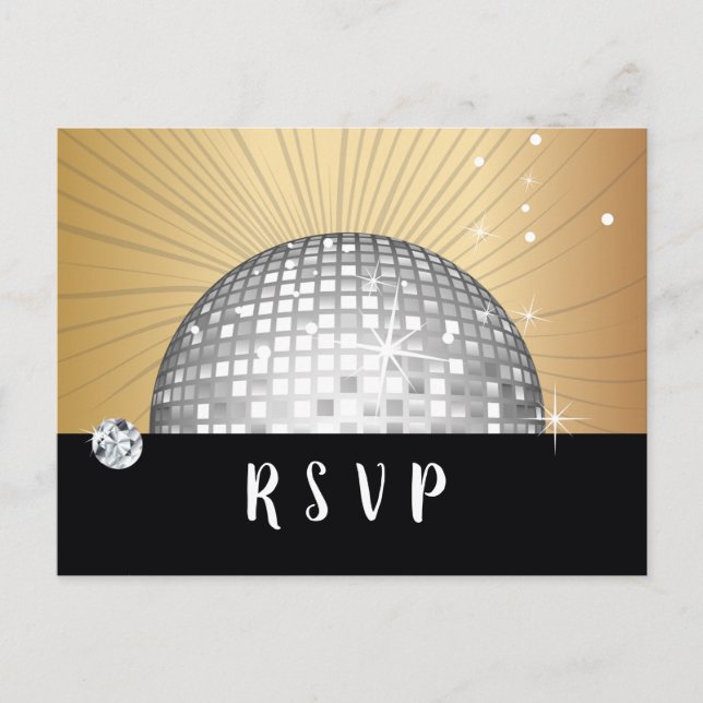Bola Disco, dança, cartão postal ouro RSVP (Frente)