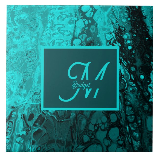 Bold Aqua Teal Marble Monograma (Frente)
