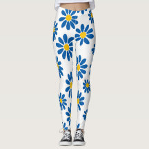 Bold Blue Daisy Floral Print Leggings