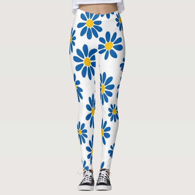 Bold Blue Daisy Floral Print Leggings (Frente)