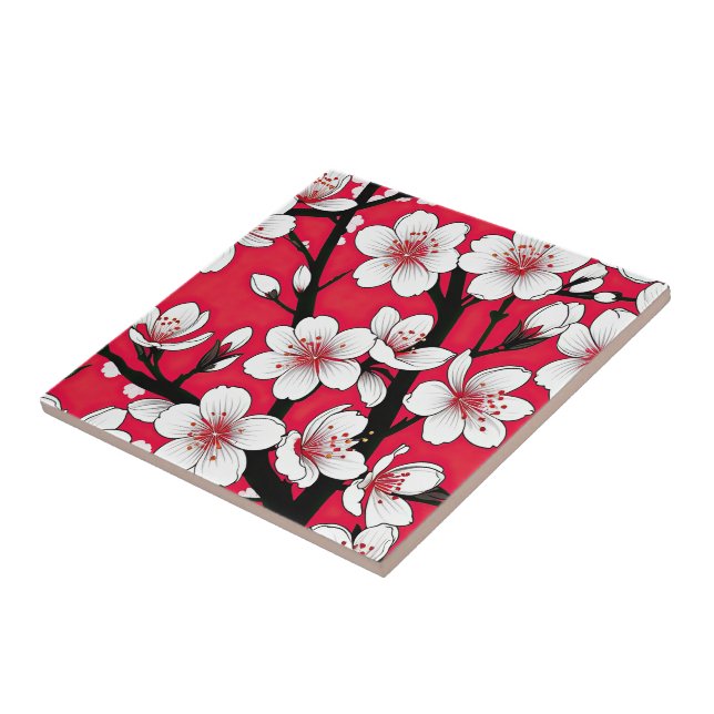 Bold Cherry Blossom Illustration on Red (Lateral)
