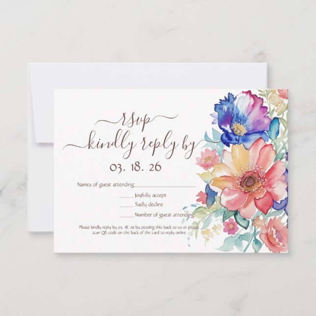 Bold Colorful Watercolor Floral RSVP Card (Frente)