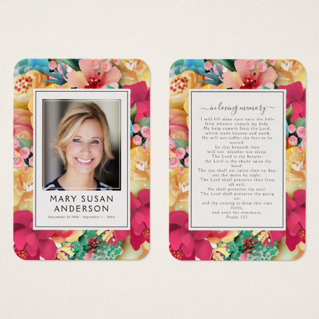 Bold Florals Foto Funeral Memorial Prayer Card (Frente & Verso)
