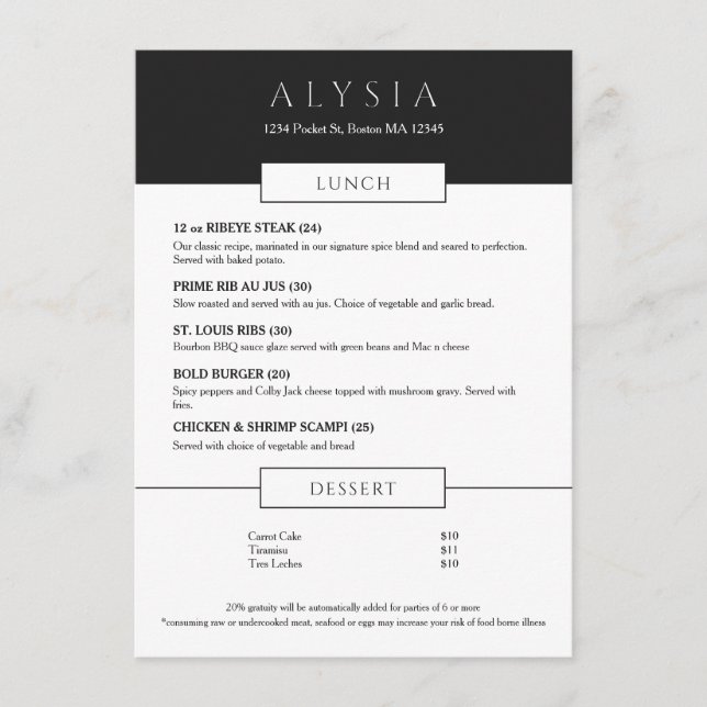 Bold Modern Steakhouse Lunch Flat Menu (Frente)