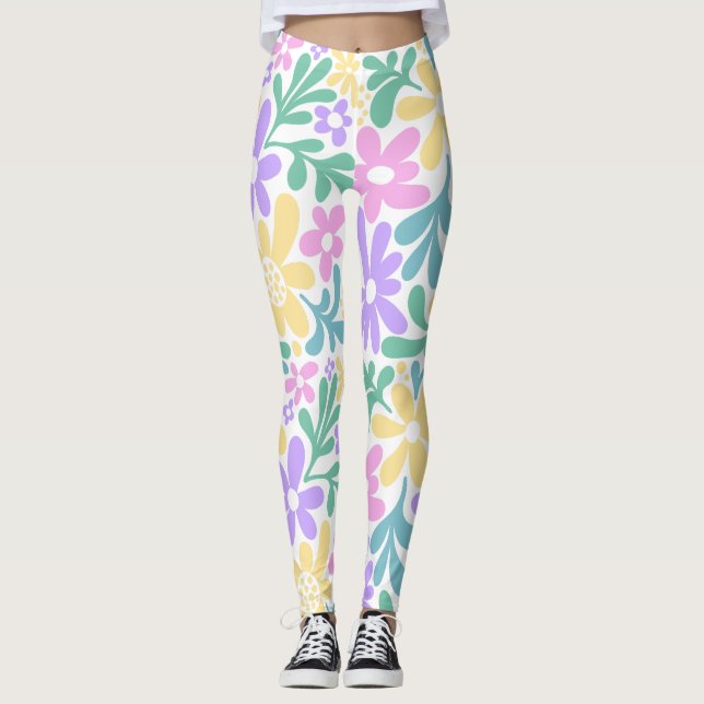 Bold Pastel Retro Floral Leggings (Frente)