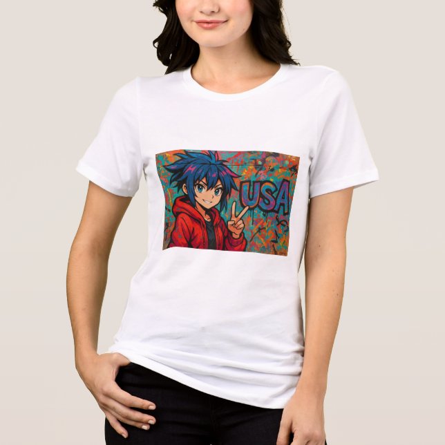 Bold Red Anime USA Graphic T-Shirt (Frente)