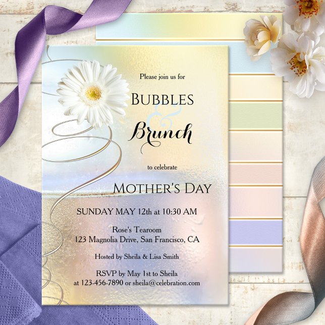 Bolhas de Celebração de primavera e Convite Brunch (Elegant Bubbles & Brunch invitation featuring festive swirls and a daisy flower)