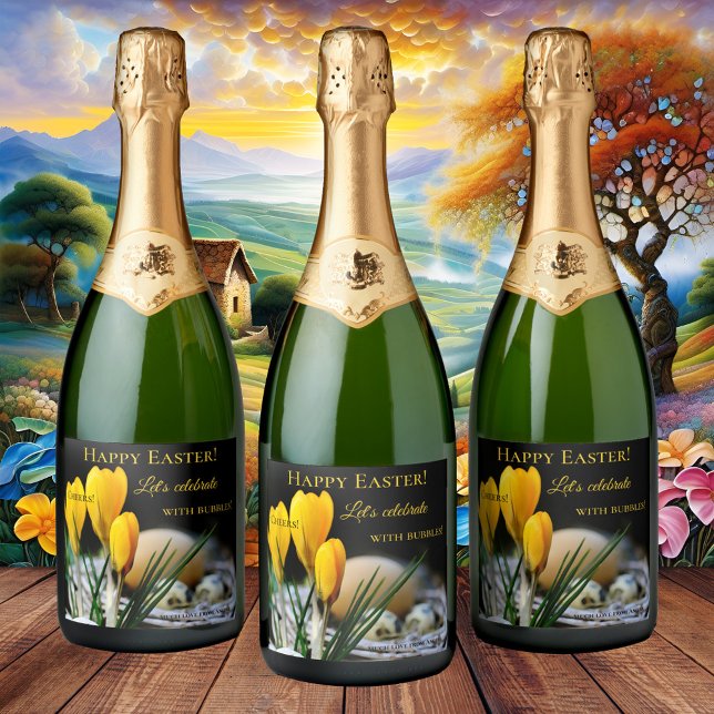Bolhas de croco de Páscoa primavera ((Sparkling) wine label showing bright yellow crocus flowers and a bird's nest - nice for Easter)