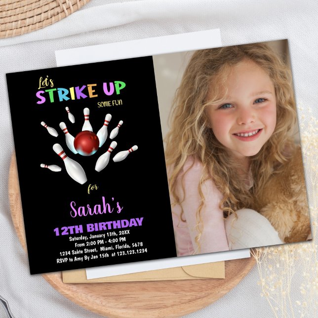 Boliche de Fotografia Roxa Negra Convites de Anive (Black Purple Photo Bowling Birthday Invitations)