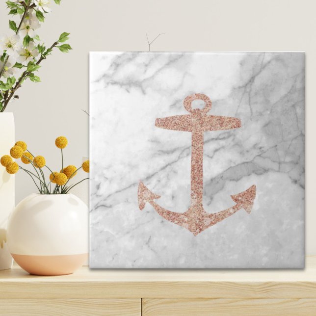 bolinha branca de rosa ouro de praia cinzenta (girly chic beach rose gold anchor white marble ceramic tile)