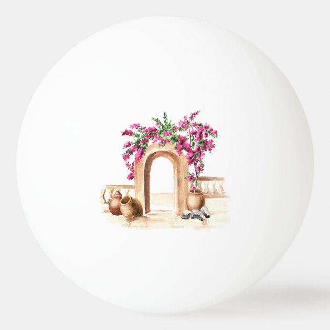 Bolinha De Ping Pong Arquitetura mediterrânica, flores, aquarela, h (Frente)
