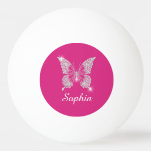 Bolinha De Ping Pong Borboleta Diamante Branco, Nome em Letra, Fuchsia