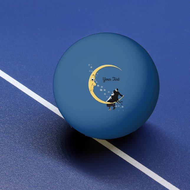 Bolinha De Ping Pong Casal Romântico Sentado na Lua Crescente Irritada (Couple sitting on crescent moon with angry face stars on dark blue pink pong ball.)
