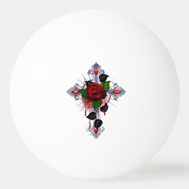 Bolinha De Ping Pong Cruz de Prata com Rosa vermelha (Frente)