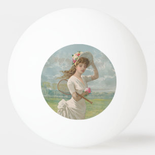 Bolinha De Ping Pong Dama do Tênis Vitoriana com Chapéu Florido Antigo