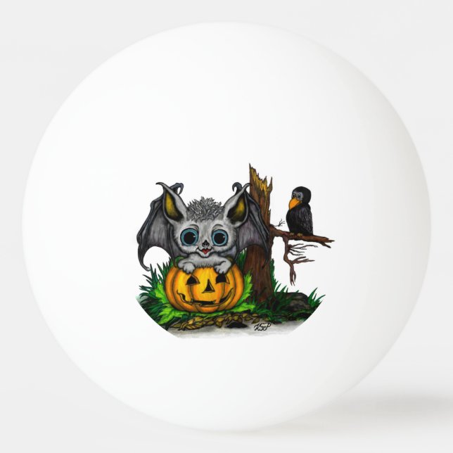 Bolinha De Ping Pong Esperando o Halloween, Cute Bat e Raven (Frente)