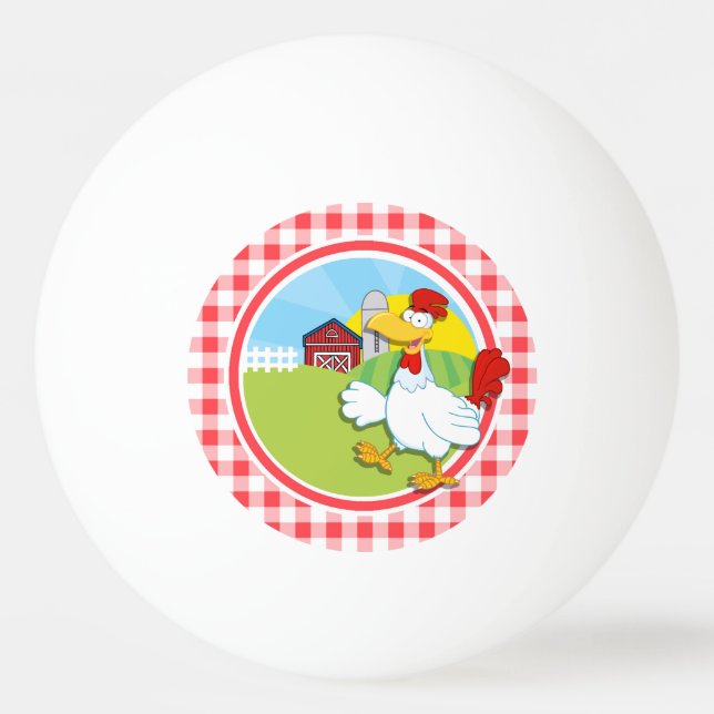 Bolinha De Ping Pong Galinha fazenda; Gingham Vermelho e Branco (Frente)