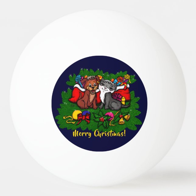 Bolinha De Ping Pong Gatinho e puppy, XMas feliz (Frente)
