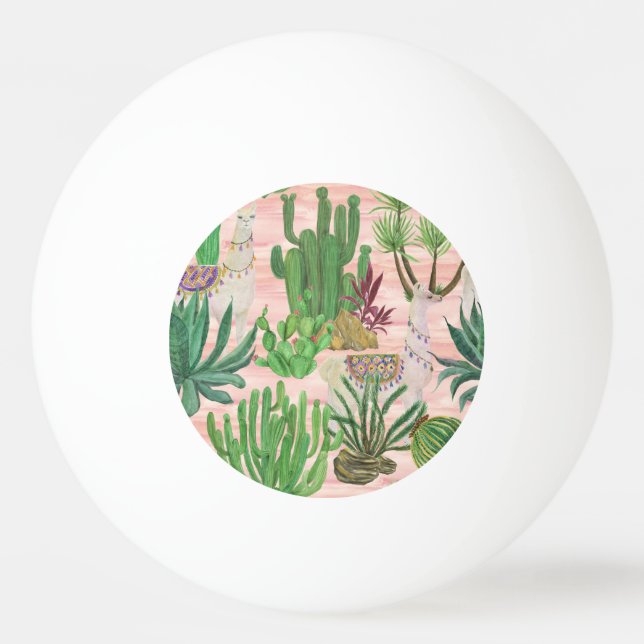Bolinha De Ping Pong Lamas de aquarelas e cactos. (Frente)