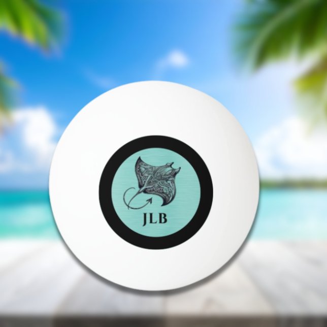 Bolinha De Ping Pong Manta Ray on Teal Faux Brushed Metal Monogrammed (Criador carregado)