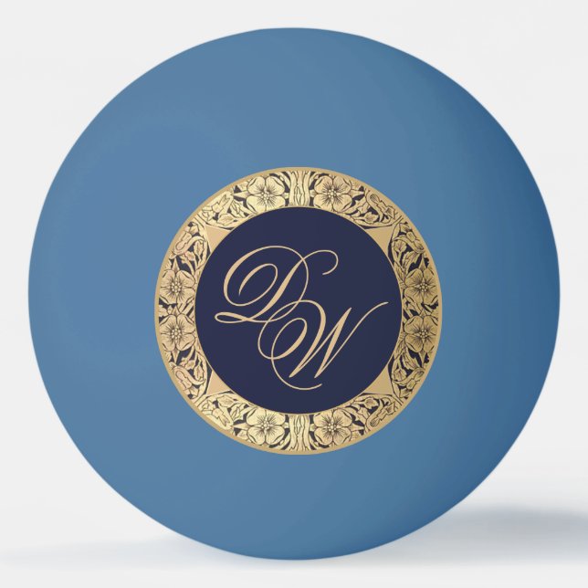 Bolinha De Ping Pong Marinho Elegante Monograma Rosas Dourados Blue Vin (Frente)