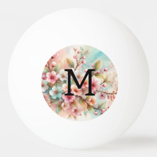 Bolinha De Ping Pong Monograma de aquarela floral com flores de cerejei