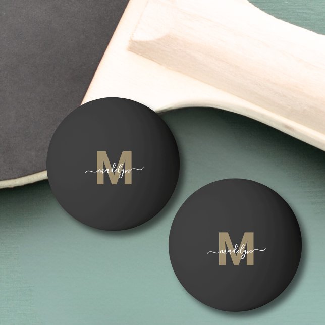 Bolinha De Ping Pong Nome inicial do Monograma Dourado Preto (Black Gold Monogram Initial Name Ping Pong Ball )