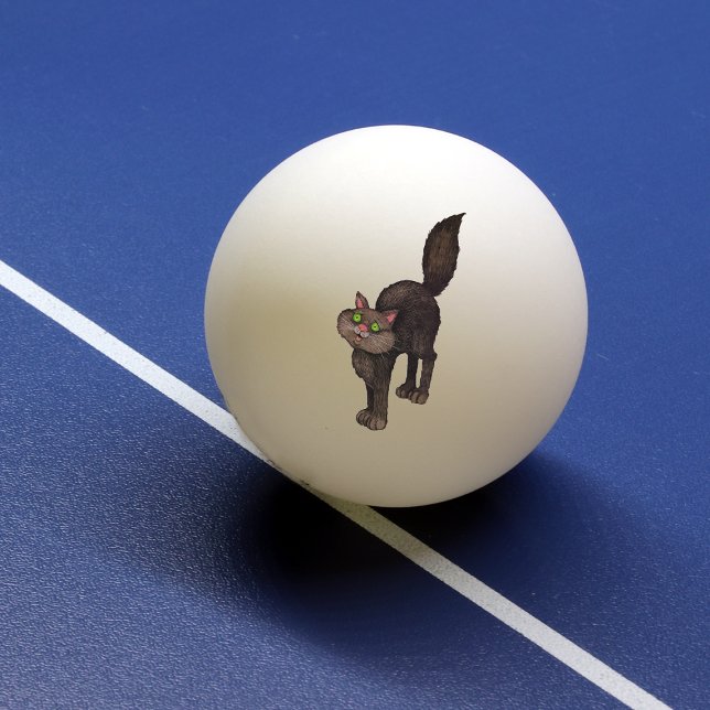 Bolinha De Ping Pong Olhos Verdes de Gato Preto Cinto (Cute black cat with arched back bushy tail and green eyes on ping pong balls.)