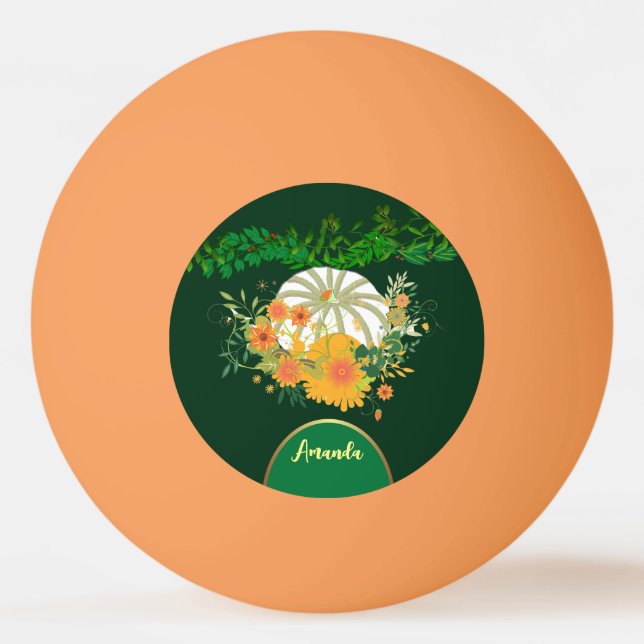 Bolinha De Ping Pong Pumpkin Branco Caiu Cores Verde Folhagem Botânica (Frente)
