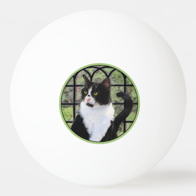 Bolinha De Ping Pong Tuxedo Cat em Pintura de Janela Arte Animal Origin (Frente)