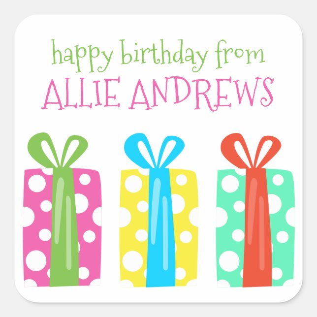 Bolinhas apresenta adesivos de presentes de aniver (Frente)