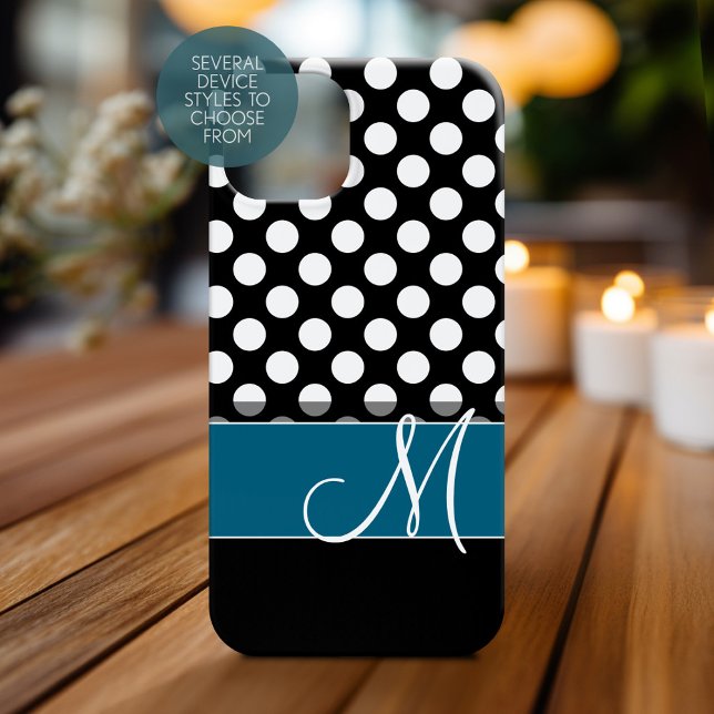 Bolinhas branca preta Monograma azul padrão (Personalized Phone Case with Monogram)