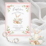 Bolinho Floral Rosa Batismo Christening Convite<br><div class="desc">Coelho bebê bebezinho de cor-d'água doce em uma cesta mais vadia com flores pastel de precioso. O pequeno cobertor rosa dela é enfiado sobre o lado da cesta. Tão fofo para aquela menina Baptism/Christening. 100% de satisfação do cliente com o "Zazzle"</div>