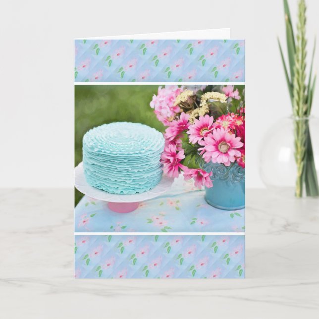 Bolo Azul E Cartão De Aniversário Para Flores (Frente)