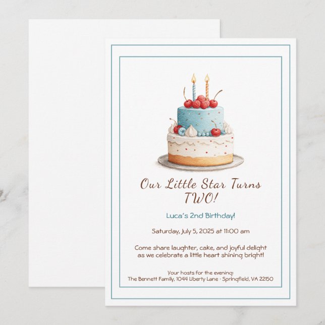 Bolo de Aniversário Azul e Vermelho – Convite de 2 (Frente/Verso)