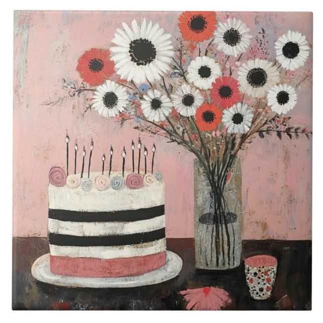 Bolo de Aniversário Chic e Flores de Gerbera (Frente)