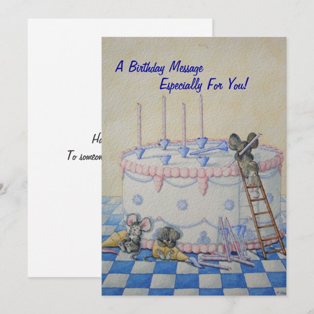 bolo de aniversário com um belo cartão de ratos (Frente/Verso)