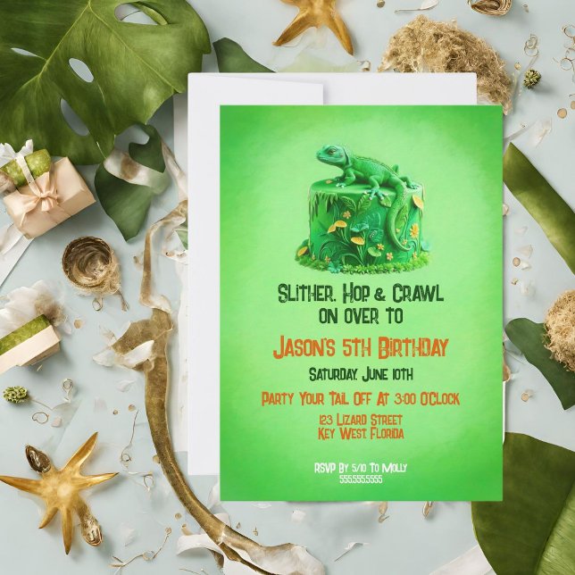 Bolo de Aniversário de Lagarto Convite de Aniversá (It sets the theme for the birthday party as a reptile or lizard-themed event!)