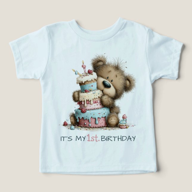 Bolo de Aniversário de Urso Teddy do Primeiro Aniv (Design frontal)