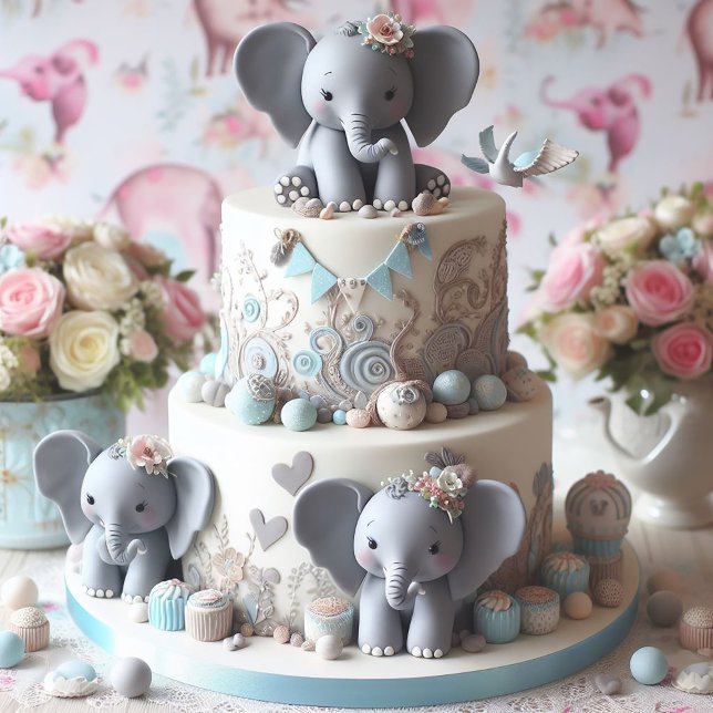 BOLO DE CAMADAS DOS PEQUENOS ELEFANTES DIVERTIDOS (Baby Elephants Baby Shower Invitation)