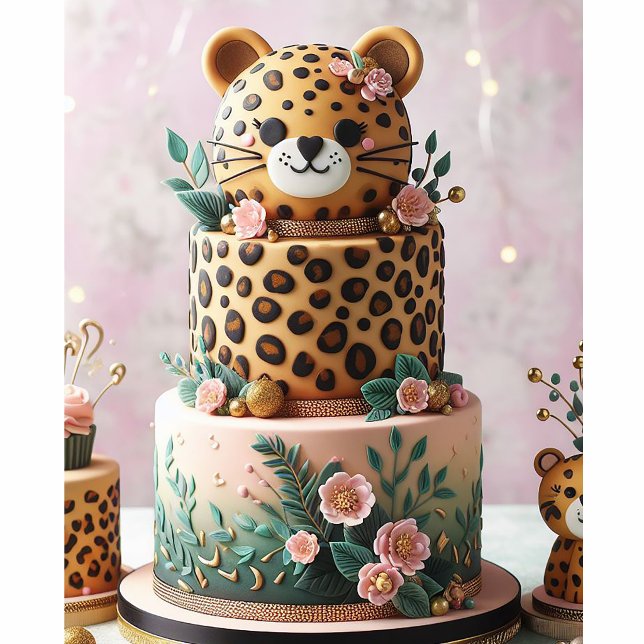 BOLO DE CAMADAS LEOPARDO PEQUENO E FOFO (Baby Leopard Layer Cake Baby Shower Invitation)