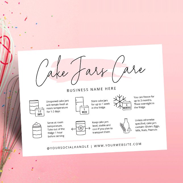 Bolo em Cartões de Assistência a Cartões de Água R (Modern cake jars care cards with icons, trendy fonts and pink watercolor design and your logo)
