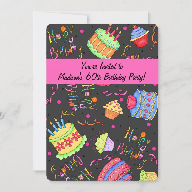 Bolo Rosa Quente Negro 60º Convite de Aniversário (Frente)