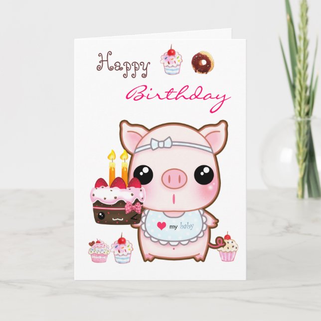Bolos de porco e de kawaii - Cartão de aniversário (Frente)