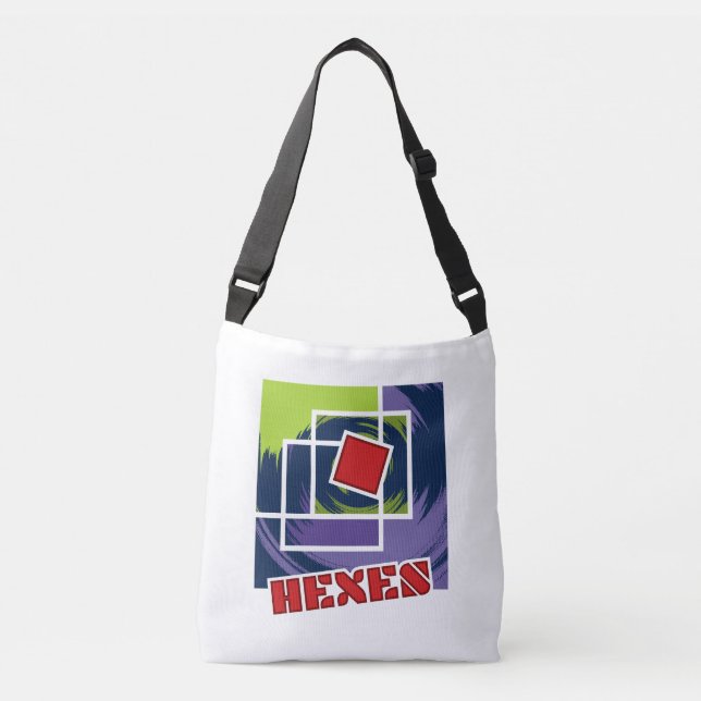 Bolsa Ajustável Abstrato verde e roxo rebelde quadrados com hexos (Frente)